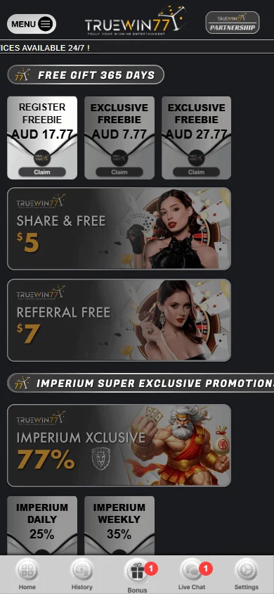 Truewin77 Casino mobile promotions screen