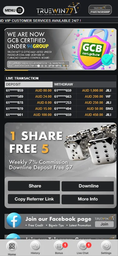 Truewin77 Casino mobile home screen