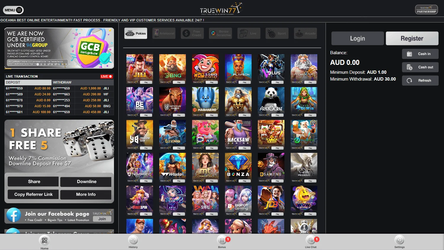 Truewin77 Casino desktop home screen