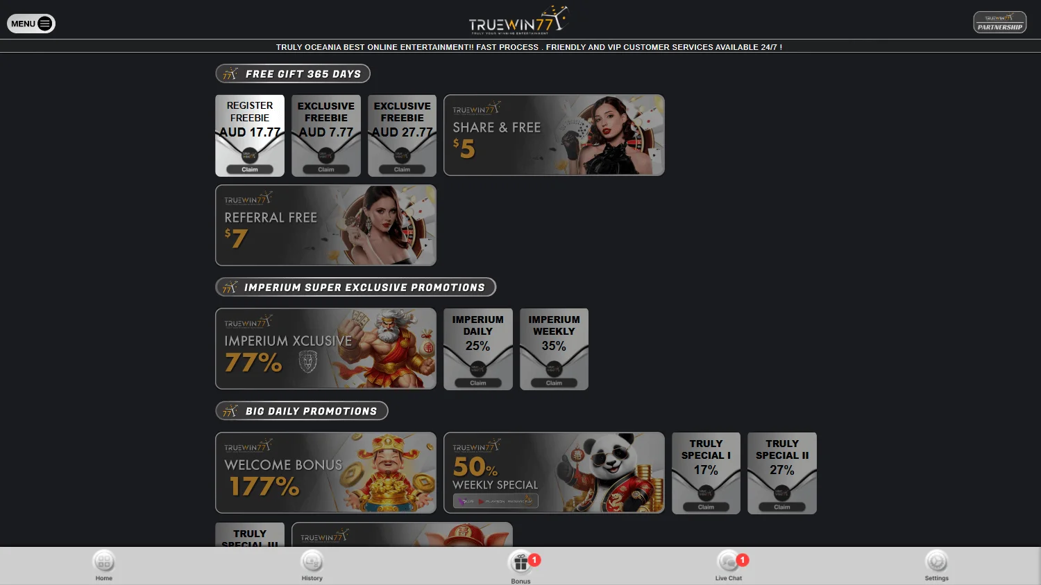 Truewin77 Casino desktop promotions screen